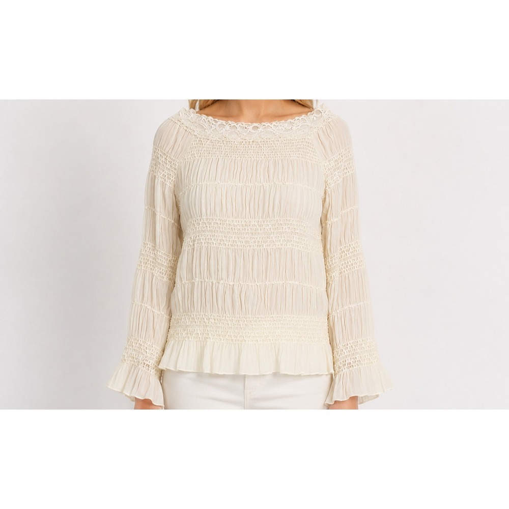 Selene Sport Blouse  Textured Chiffon Ruched Smocked Ivory Edwardian Size Medium
